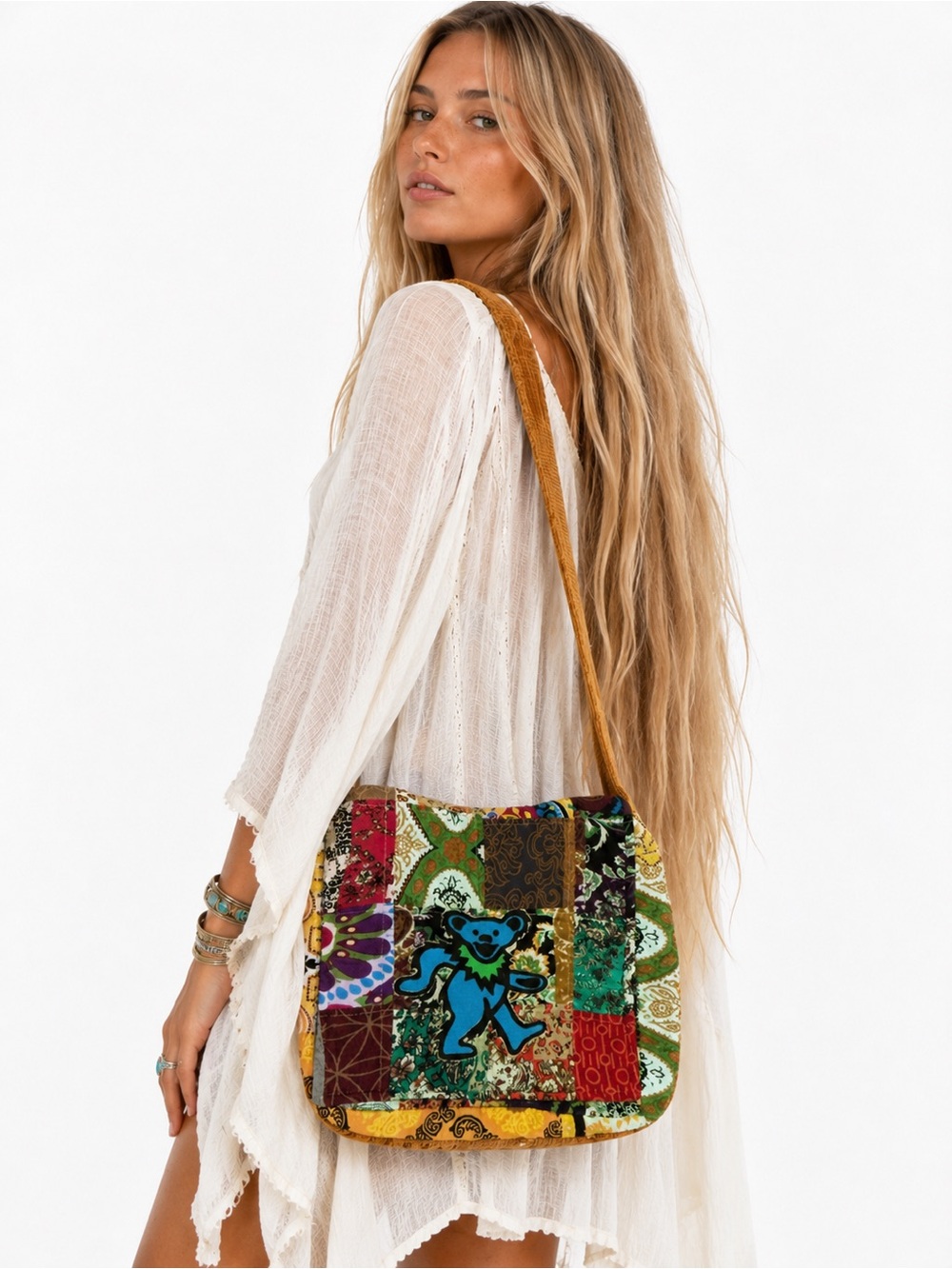 Grateful Dead Dancing Bear Patchwork Crossbody Bag Hippie Festival Tote